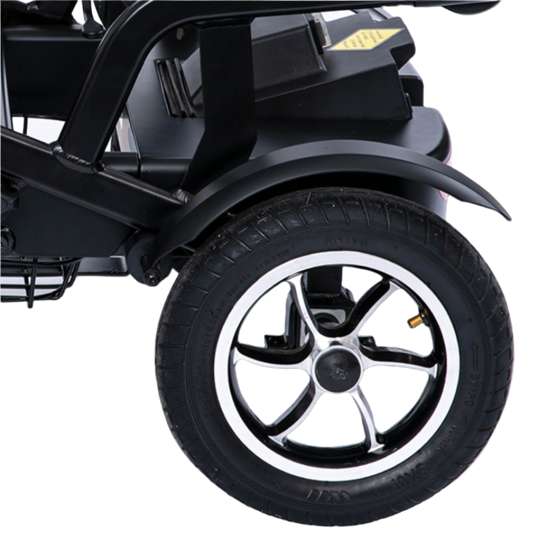 Showing the FeatherFold Mobility Scooters Rear Pneumatic Tyres