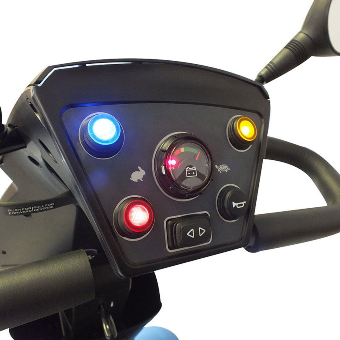 Showing the Vecta Sport Mobility Scooters' Controls. Showing the horn, hazards, lights, indicators and speed adjustment buttons. 