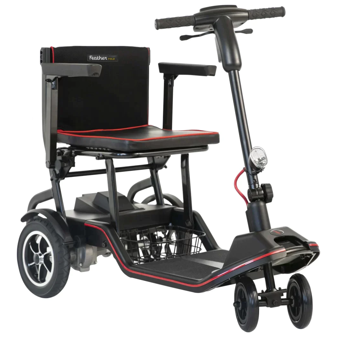 Showing the ScooterPac Featherfold Mobility Scooter from the front, fully assembled