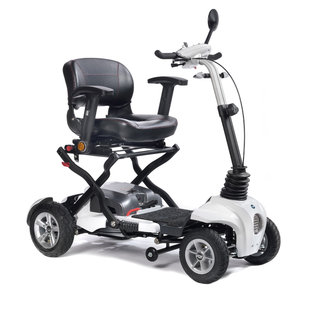 Showing the Maximo Plus Mobility Scooter from TGA. It shows the white model, ready to drive.