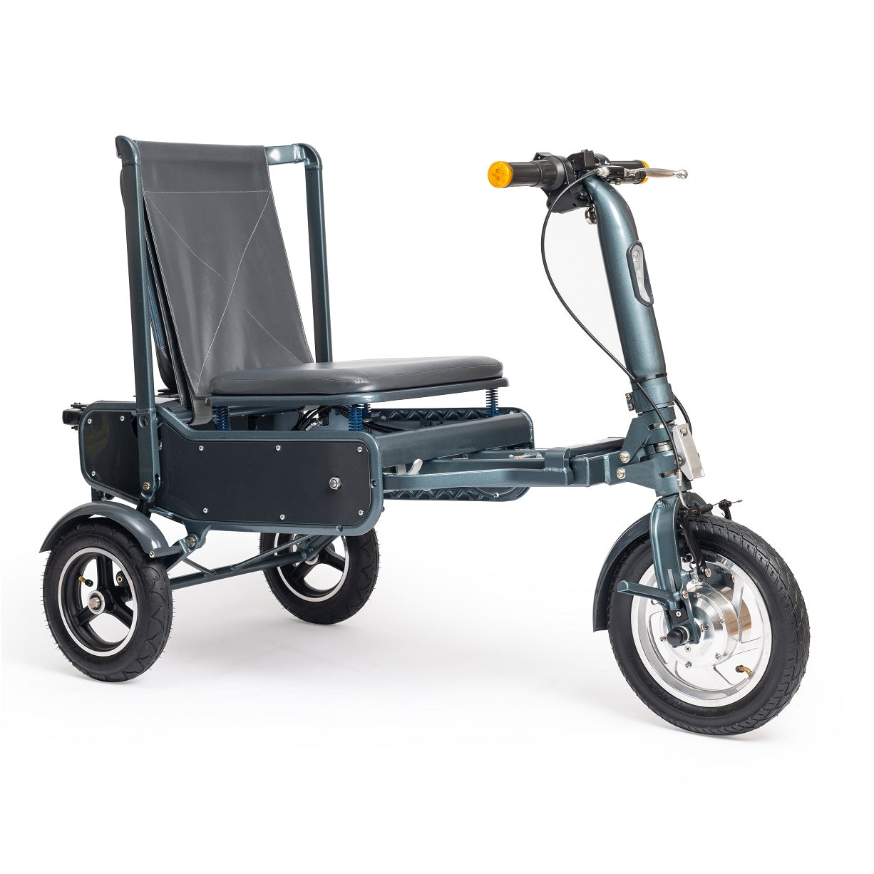 Showing the eFoldi Explorer, the 8mph Folding Mobility Scooter. The image shows the eFoldi in it's open position.