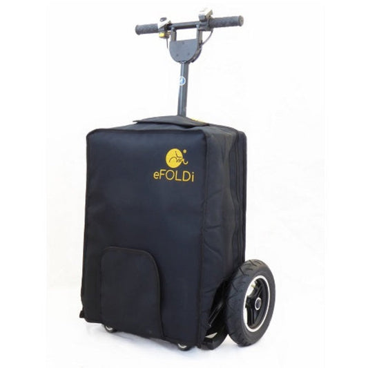 Showing the eFoldi Travel Bag Fitted onto an eFoldi Lite Mobility Scooter. The eFoldi Travel Bag Protection Cover is designed to keep your eFoldi Mobility Scooter safe and reduces and risk of damage whilst travelling. 